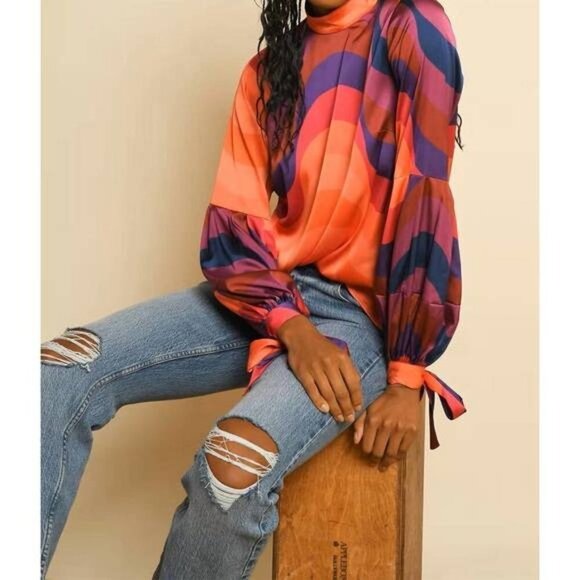 Anthropologie Hutch Myla Blouse Top Orange Geometric Size XS NWT High Neck - Picture 2 of 8